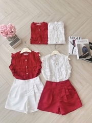SET652-Set áo sơ mi bèo chấm bi phối quần short tafta đỏ trắng