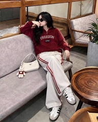 Set1063-Set nỉ haidan đỏ xám freedom phối quần suông dài