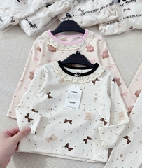 CB174-Combo 2 bộ NƠ VIỀN REN dài tay chất zip bé gái