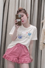 SET916-Set áo thun trắng in nơ phối quần short bèo hồng