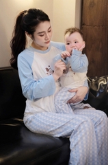 SET772- Bộ mặc nhà gia đình  áo thun quần kẻ suông xanh nhạt