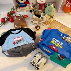 BT840-Combo 2 bộ thun cotton cộc tay bé trai Super Mario 9-26kg