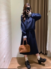 set745- SET ÁO CHÂN VÁY NỈ màu than tay phối kẻ cạp chun