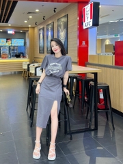 Set đầm chữ xẻ chất zip tàu 2 màu đen, xám