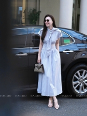Dam123- Đầm midi dáng dài kẻ xanh nơ cổ