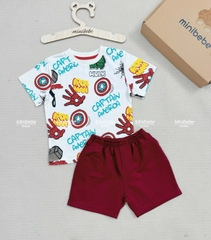 BN098- Bộ cotton SIÊU ANH HÙNG trắng đỏ áo cotton mix quần cua