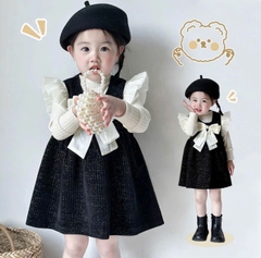 SETKID010-Set đầm dạ đen tag nơ đá mix áo giữ nhiệt màu trắng