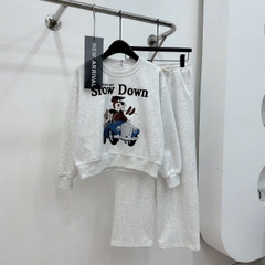 Set855- Bộ nỉ xám in chữ SLOW quần suông