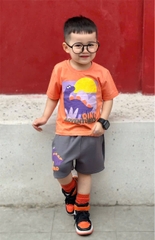 BT447- Bộ áo cotton KHỦNG LONG CAM mix quần cua màu ghi