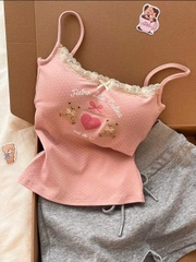 Set610- Bộ áo dây Pink viền ren hồng quần xám có đệm ngực