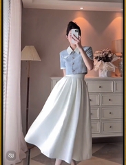 SET394-SET CHÂN VÁY XẾP LI MIXX ÁO WEET XANH  2 LỚP PHỐI CỔ 🌺