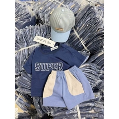 BT459- Bộ super xanh biển phối kèm mũ kẻ chất cotton mix quần cua