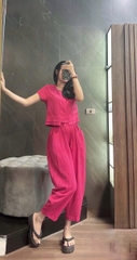 Set875-Set áo cộc kẻ hồng phối quần baggy dài