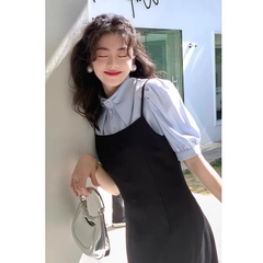 Set gồm váy đen yếm kèm sơ mi xanh trơn ( set rời)