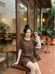 SET1002- Set áo đũi thổ cẩm phối quần cộc nâu
