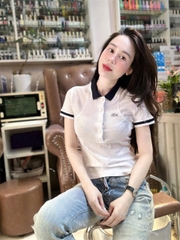 A272- Áo polo trắng cổ than logo thêu nổi cộc tay full tem