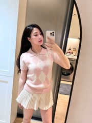 A691-Áo len cộc tay kẻ trám hồng hàng nhà máy đủ tem