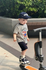 BN090- Bộ thun kẻ xanh than PAW mix quần chân cua