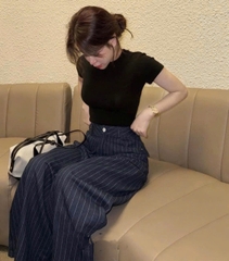 Quan056- quần suông Jeans  kẻ xanh chất mềm tem mác da