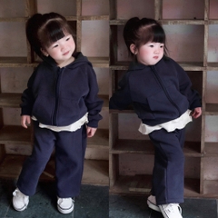 BN111-Bộ nỉ dài tay kéo khoá xanh than phối trắng bé gái