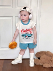 bT601- Bộ cotton Vintage 75 xanh lam chất cotton mát