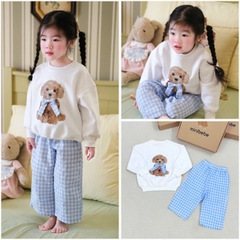 BN159-Bộ nỉ GẤU KẺ XANH bé gái VNXK