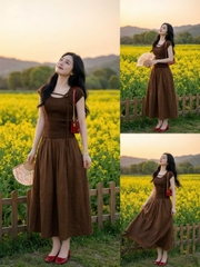 SET1006- Set áo cotton nâu đính hoa phối chân váy midi dài
