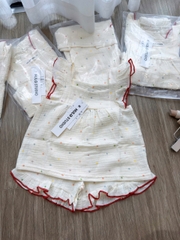 BT941- Bộ xô Muselin viền đỏ cánh tiên màu be