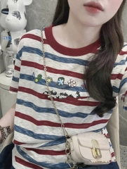 A311- Áo thun xược kẻ ngang viền đỏ in trước dáng suông