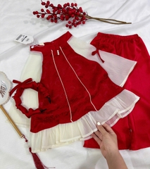 BT748-Áo dài cách tân bé gái phối ren tặng kèm bờm tóc 2 màu đỏ hồng