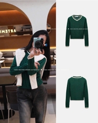 A410-Áo len dệt kim xanh lá phối viền hàng nhà máy