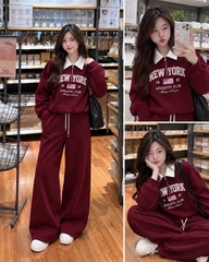 SET1059- Bộ nỉ haida đỏ có cổ NY phối quần suông