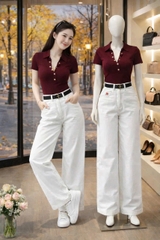Set865- Set áo thun đỏ cúc phối quần jean trắng suông nổi bật
