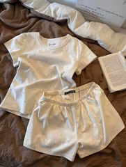 set908- bộ cotton màu be cộc in thỏ mờ QC