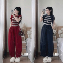 SET807-set áo tăm len kẻ xanh-đỏ mix quần gió dáng baggy