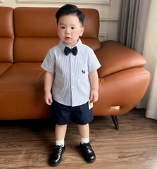BT1105 - Bộ công tử sơ mi kẻ xanh mix quần short kèm nơ