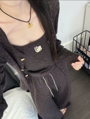 Sey1052- Set 3 chi tiết màu nâu thêu kitty nâu chấm bi