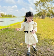 SETKID010- Set áo dạ mix CV màu be nơ đen trẻ em VNXK