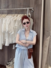 SET993-Set áo phối xanh kèm quần suông dài