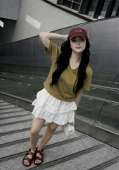 A545-Áo thun cổ tim màu xanh mù tạt hàng nhà máy đủ tem