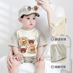 BT822- Bộ áo thun kẻ phối quần short hình gấu nhồi bông cho bé 8-25kg