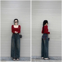QUAN012- Quần jeans suông túi thêu đỏ 2 màu trắng,xanh