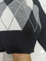 A558- Áo len cúc trước kẻ chám màu đen full tem nhà máy