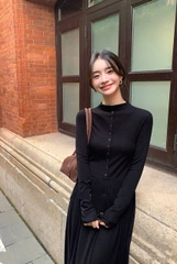 Dam185- Váy midi đen dài phối cúc cộc tay