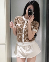 a661-Áo len dệt kim cộc tay nâu viền trắng cúc đồng