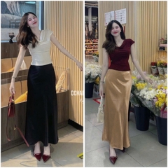 CV001- Chân váy lụa dáng xoè 2 màu vàng đồng- đen chất lụa vân dày dặn