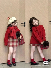 SETKID013- Set áo len đỏ trẻ em mix CV dạ kẻ có lót quần