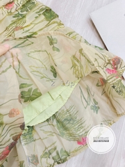 Đầm hoa xanh xếp ly thân đuôi cá vải cao cấp