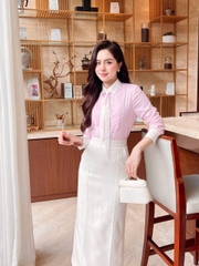 A140-Áo sơ mi nữ xếp ly chéo phối cavat rời 2 màu xanh hồng