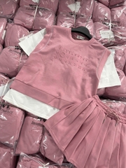 Set726- Set áo nỉ cộc hồng dập nổi phối chân váy xếp ly ngắn